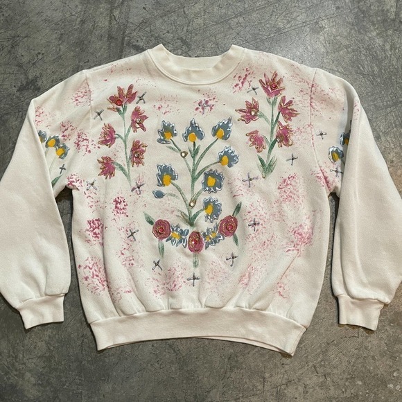 Vintage India Ink Floral Embellished Hand Painted Sweatshirt Womens Small - Picture 1 of 15